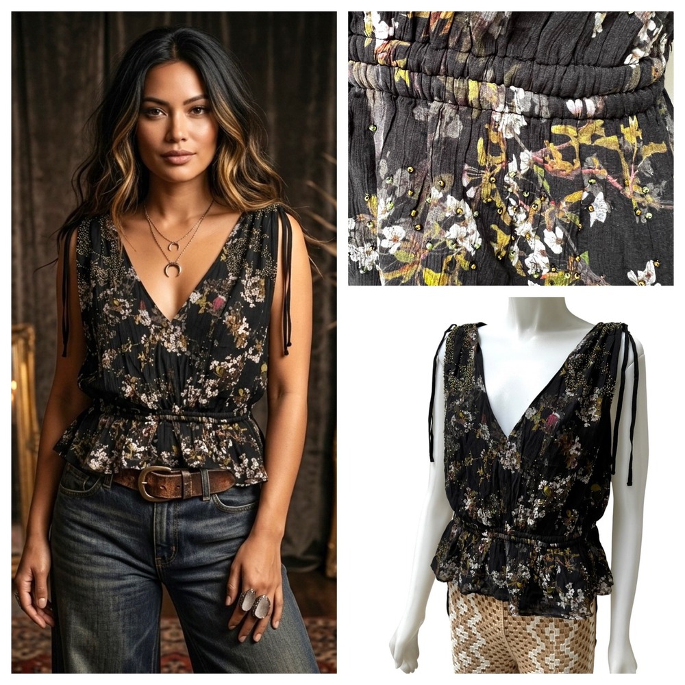 AllSaints Floral Beaded Peplum Top Sz 10 Black Dark Fairy Whimsygoth Boho Chic
